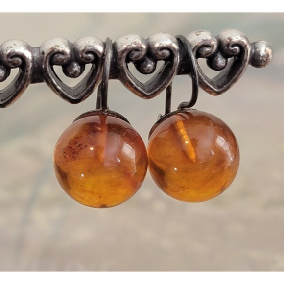 Vintage Sterling Silver and Amber Spherical Drop Earrings Pierced Ears 925 - Picture 2 of 8